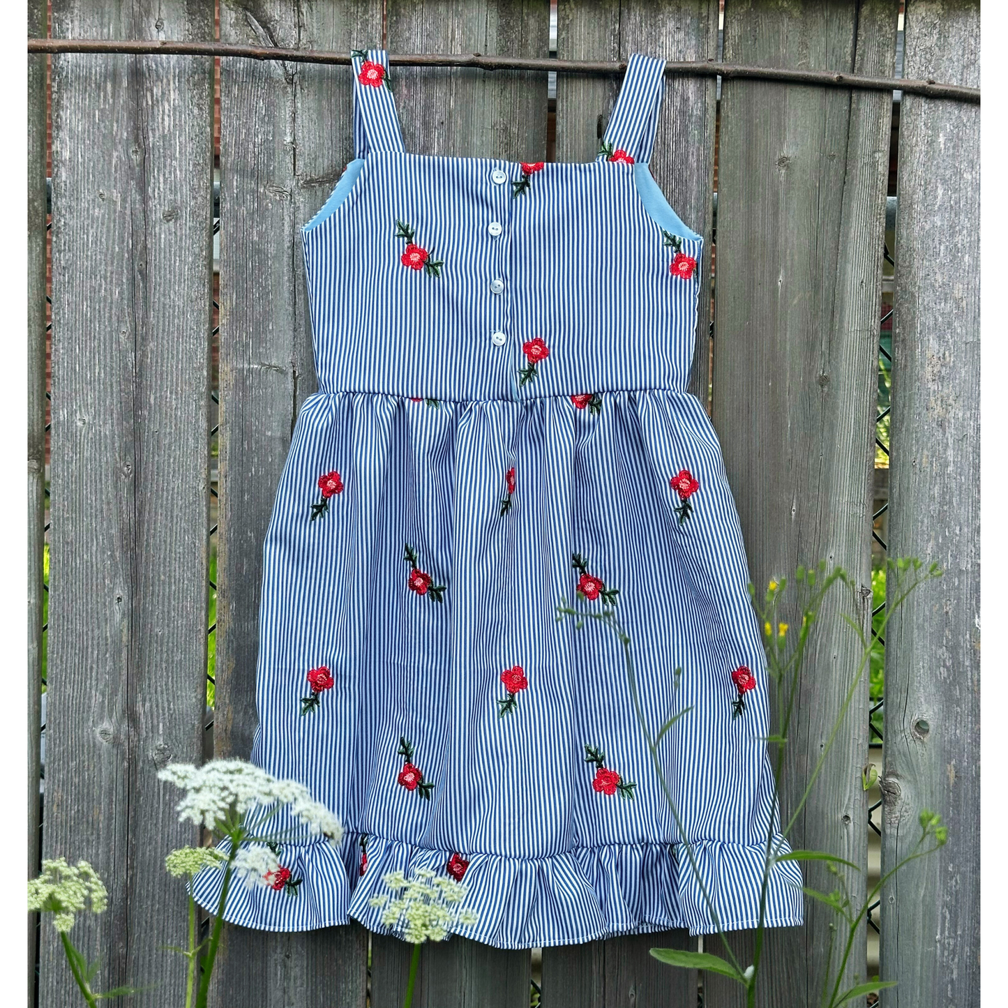 Blue Striped Floral Embroidered Dress – Sleeveless Sundress for Girls