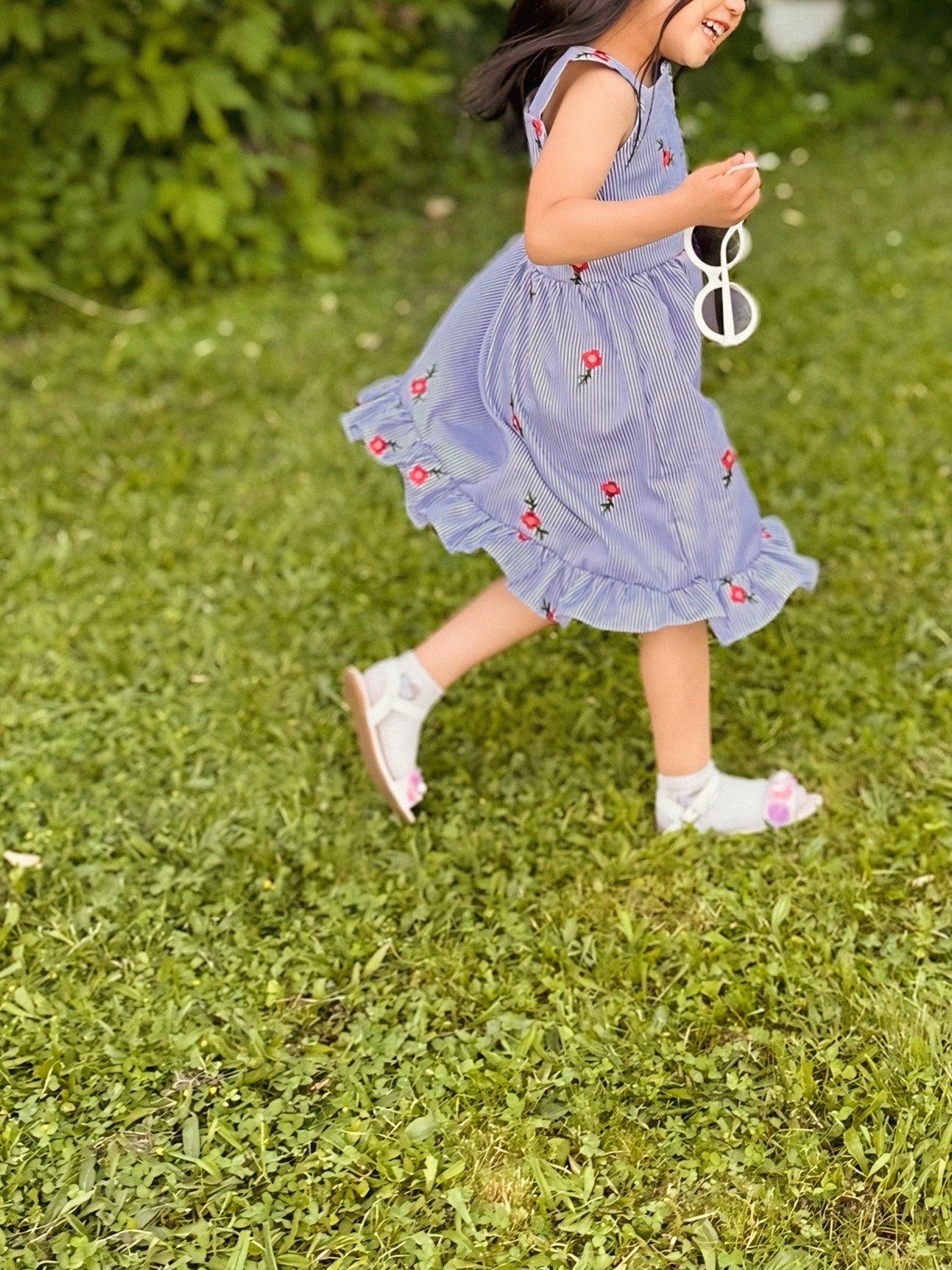 Blue Striped Floral Embroidered Dress – Sleeveless Sundress for Girls