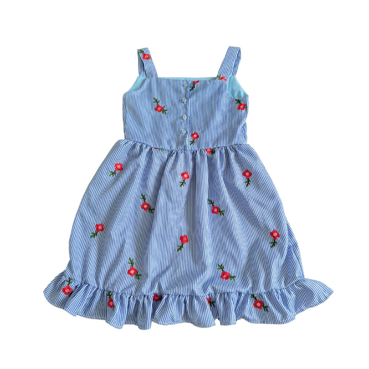 Blue Striped Floral Embroidered Dress – Sleeveless Sundress for Girls