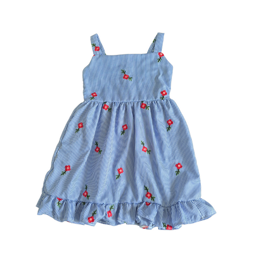 Blue Striped Floral Embroidered Dress – Sleeveless Sundress for Girls